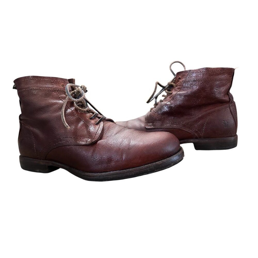 FRYE Leather Combat Boots Men 8.5 Brown Lace Up Distressed Office Vibram Outsole - Picture 2 of 16